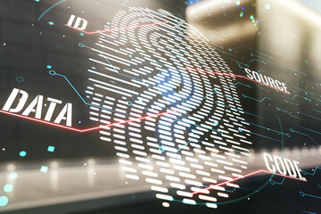 Aufkleber - Multi exposure of virtual creative fingerprint hologram on modern business center exterior background, personal biometric data concept
