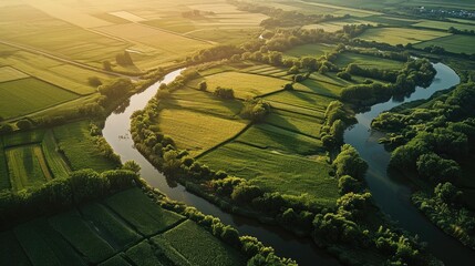Poster - A bird's-eye view of wheat fields and river, Agriculture. Generative AI.
