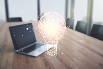 Poster - Double exposure of creative light bulb hologram on laptop background, research and development concept
