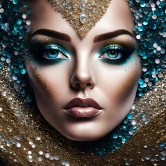 Wall Mural - close-up photograph of a model gorgeous face of a woman made of glitter and sparkles and jewelry 