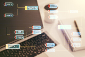 Poster - Multi exposure of abstract programming language hologram on computer background, artificial intelligence and machine learning concept