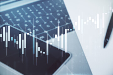 Aufkleber - Abstract creative financial graph on modern laptop background, financial and trading concept. Multiexposure