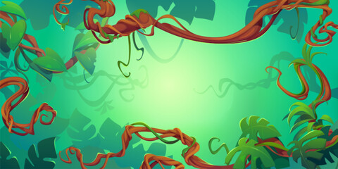 liana branch frame on green background. vector cartoon illustration of twisted jungle plant vines wi