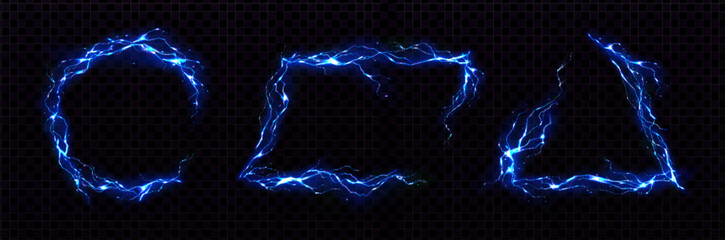 Poster - Blue frames made of glowing neon lightning. Realistic vector set of round and triangle shape borders from thunder bolts. Magic electric energy power framework on dark transparent background