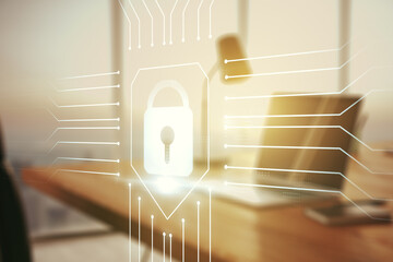 Poster - Creative light lock illustration with microcircuit on modern computer background, cyber security concept. Multiexposure