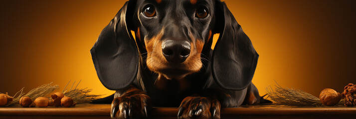 Closeup of dachshund dog on a isolated brown background.Animal wide web banner