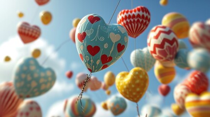 Wall Mural -  a bunch of heart shaped balloons floating in the air with a blue sky in the back ground and clouds in the background.