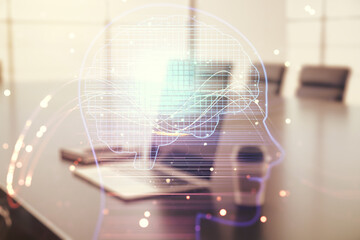 Poster - Double exposure of creative human head microcircuit with computer on background. Future technology and AI concept