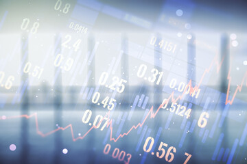 Aufkleber - Abstract virtual financial graph hologram on empty corporate office background, forex and investment concept. Multiexposure