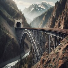 Steel Railway Bridge Spans Hells Canyon, Leading Into A Mountain Tunnel