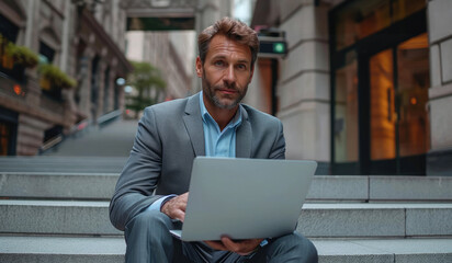 Aufkleber - Businessman in a suit is sitting on steps next to Business Center and Working on a Laptop. Generative AI.