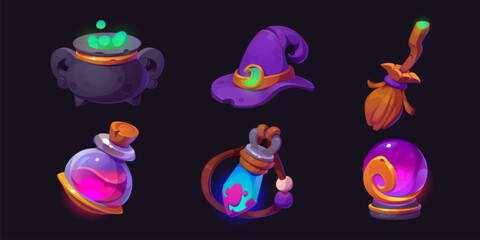 Aufkleber - Wizard or witch game cartoon icons. Vector illustration of magic staff of cauldron with mystery green potion, purple hat and wooden broom, fantasy fortune ball and amulet, glass bulb with pink poison.