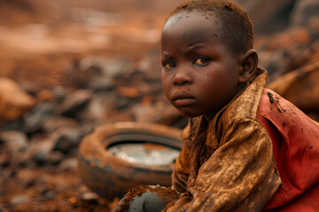 Wall Mural - Conceptual image of an African child suffering in inhumane mining conditions. Cobalt mining