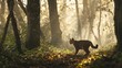  a wild cat walking through a forest on a foggy day in the sunbeams of a wooded area.
