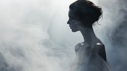 Sticker -  a woman in a white dress standing in front of a cloud of smoke with her head turned to the side.