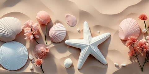 Wall Mural - A close-up reveals seashells scattered alongside a starfish resting on the sandy shore, forming a picturesque coastal vignette with intricate details.