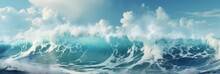 Surfing Waves With An Emerald Hue Roll Energetically Beneath A Sky Adorned With Fluffy Clouds, Creating A Captivating And Vibrant Coastal Scene.