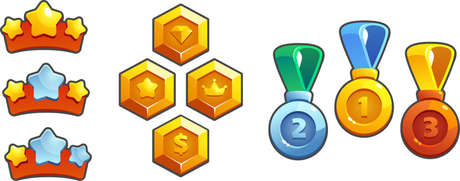 Rewards and trophies for three game level rank or progress gui design. Cartoon vector illustration set of 3 stars rating, bronze silver and golden medals on ribbon and hexagon achievement badges.
