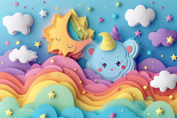 Wall Mural - Kawaii Fantasy Pastel Colorful Sky with Clouds and Stars Background in a paper cut