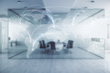 Aufkleber - Abstract virtual world map with connections on a modern furnished office background, international trading concept. Multiexposure