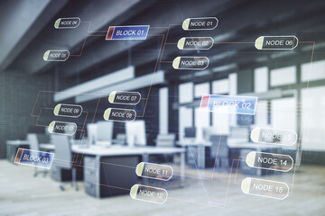 Aufkleber - Multi exposure of abstract graphic coding sketch on a modern furnished classroom background, big data and networking concept