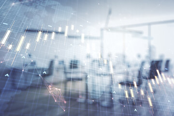 Poster - Multi exposure of virtual abstract financial chart hologram and world map on modern corporate office background, research and analytics concept
