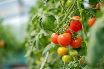 Sticker - Ripe tomatoes on the vine in an organic greenhouse