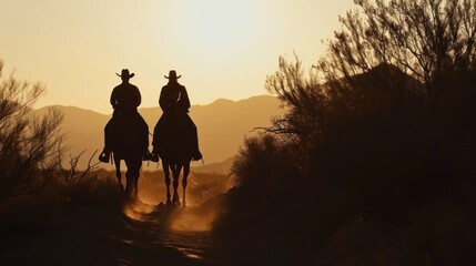 Poster -  a couple of people riding on the back of horses down a dirt road in front of a mountain range at sunset.