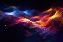 Abstract neon multicolor particles background. Glowing bokeh waves and surface grid.