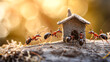 A group of ants building a tiny house, symbolizing teamwork and collective effort