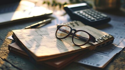 Wall Mural - Glasses, notebook and calculator on desk. Generative AI.