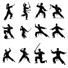 Set Of Martial Arts Silhouettes, Set Of  Karate Fighters Silhouettes ,set Of Girl Fitness Silhouettes, Set Of Combat Fighter Silhouettes , Boys And Girls Self Defence Silhouettes  ,fitness Silhouettes