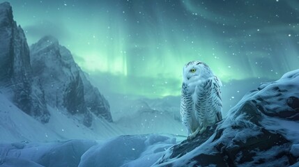 Poster -  a white owl sitting on top of a snow covered mountain under a green and blue sky filled with aurora lights.