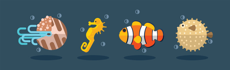 Poster - Flat Sea Life and Marine Animal Vector Set
