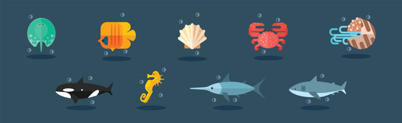 Poster - Flat Sea Life and Marine Animal Vector Set