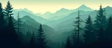 Fototapeta  - illustration depicting a panoramic forest mountain landscape. dark green silhouettes of valley views
