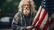 Homeless US Army veteran hold USA flag.