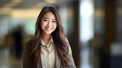 Asian young business woman standing in an office smiling confidently. Business corporate people background.