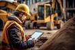 Civil engineer using tablet working on construction heavy machine background.