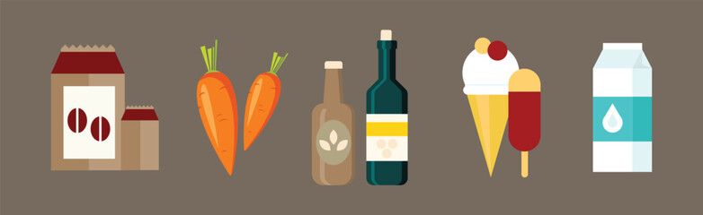 Poster - flat food icon with coffee, carrot, wine, ice cream and milk vector set