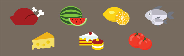 Poster - flat food icon with lemon, watermelon, fish, cake, cheese and chicken vector set