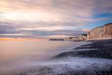 January Sunset High Tide At Birling Gap And The Seven Sisters Cliffs On The East Sussex Coast South East England UK