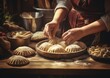 A close-up shot of a Thanksgiving pilgrim's hands delicately arranging freshly baked pies on a