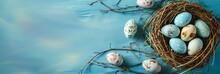 Easter eggs in a nest on a blue background. Spring greeting card with copy space. for easter ad