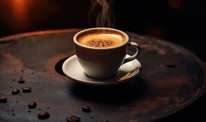 Wall Mural - A cup of hot espresso coffee with a steam.