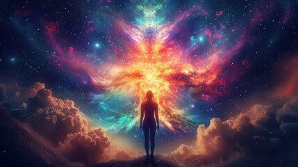 a person silhouetted against a vibrant cosmic backdrop.