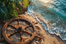 Nautical Dreams - Ship's Wheel On Sunny Beach Shore
