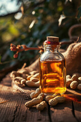 Wall Mural - A glass bottle of peanut butter on a wooden table next to peanut seeds and foliage