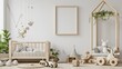 Stylish baby room with toys, wooden bed and mock up poster frame. Cute home decor. Scandinavian interior of a children's room
