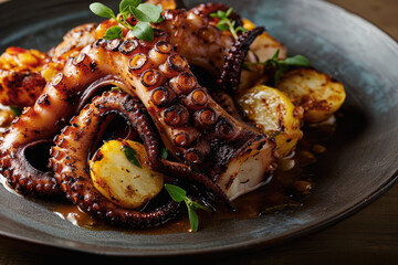 Canvas Print - Delicious dish with fried octopus and potatoes lemon and herbs